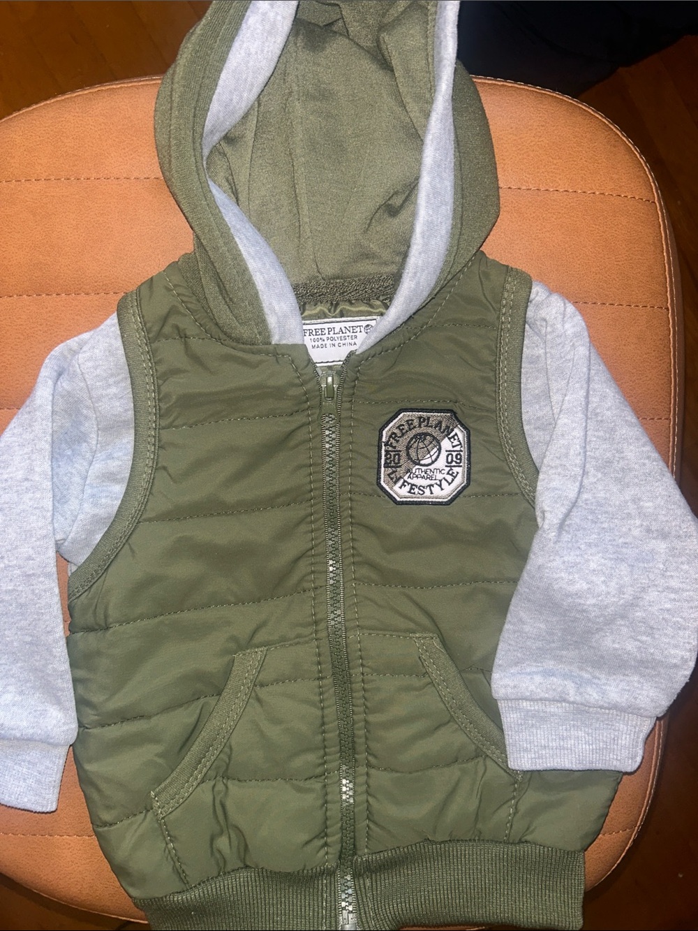 Free Planet Olive Green Quilted Hooded Vest with Grey Sleeves